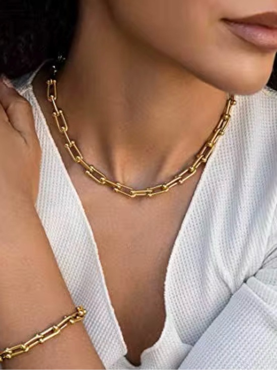Anthropologie Jewelry - U Shape Graduated Gold Link Chain Necklace and Bracelet Stainless Steel SET